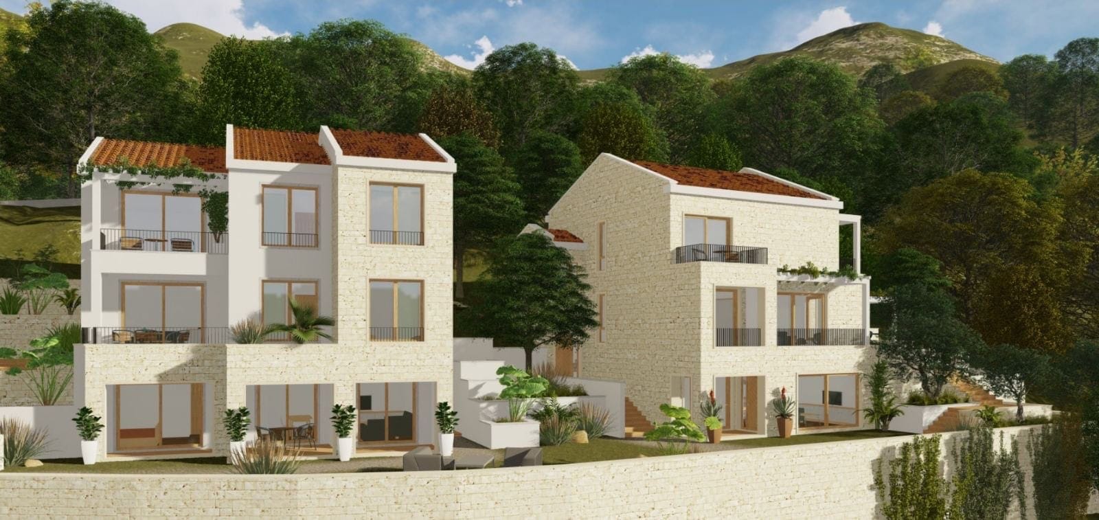 Savremene kamene vile sa terasama i panoramskim prozorima u Bečićima, Crna Gora, projekat izgradnje parcele.