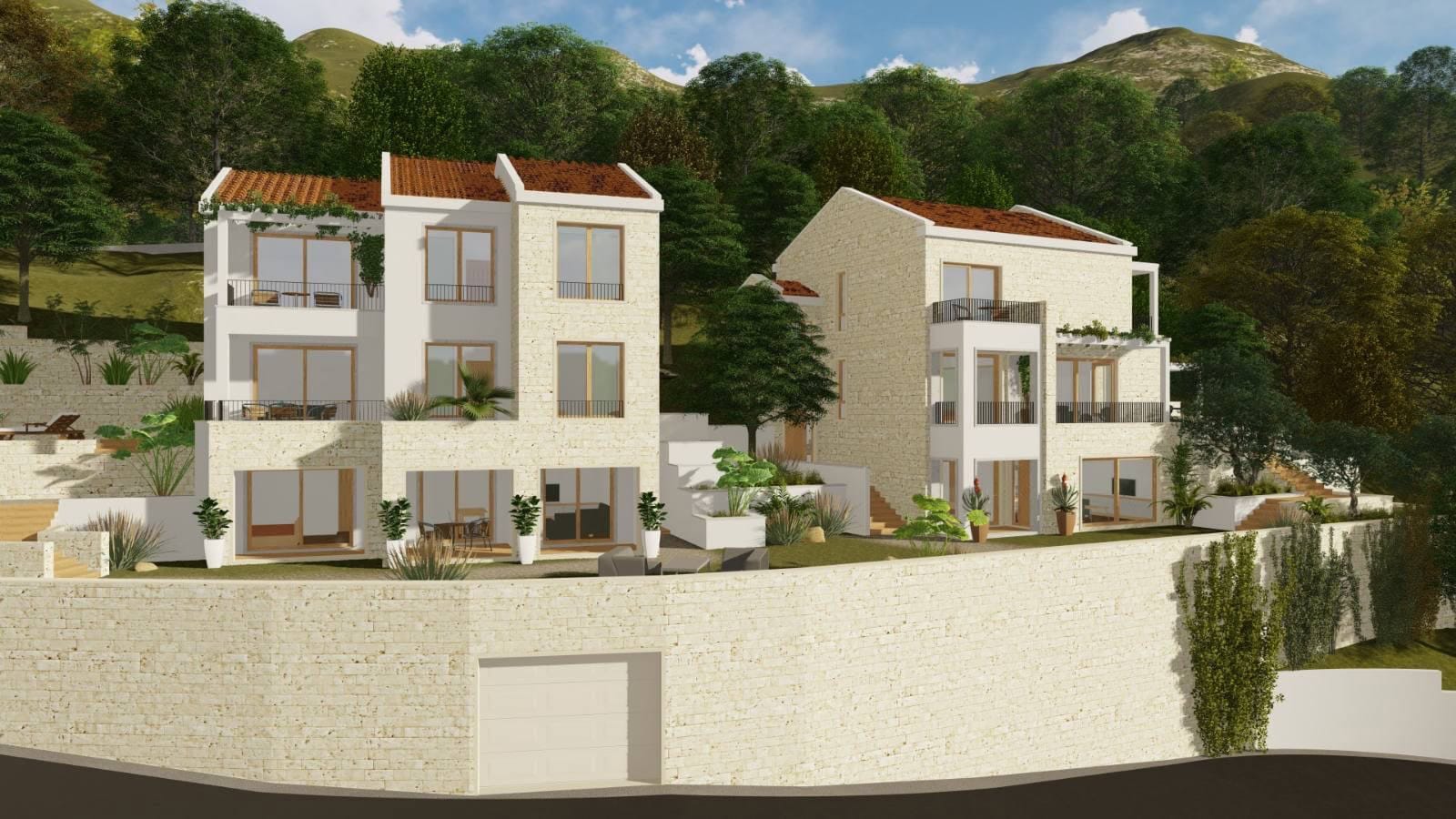 Savremene kamene vile sa terasama u Bečićima, Crna Gora: projekat luksuzne nekretnine u pozadini planinskog pejzaža.