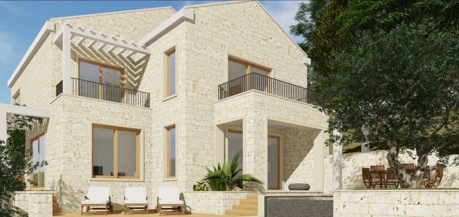 Dvospratna vila od prirodnog kamena sa terasom i bazenom u Bečićima, Crna Gora — projekat kuće na parceli br. 2329