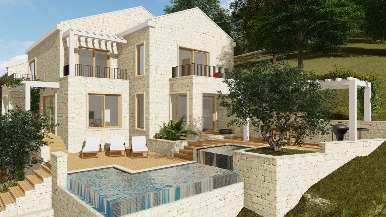 Savremena kamena vila sa bazenom, terasom i zonom za odmor u Bečićima, Crna Gora. Projekat kuće na placu.