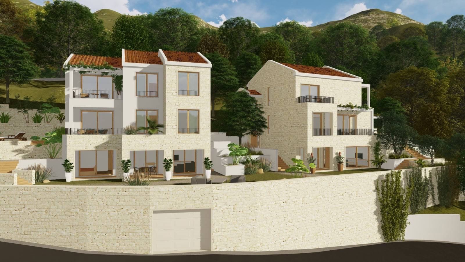 Savremene vile sa kamenim oblogama i terasama u Bečićima, Crna Gora: projekat izgradnje na parceli.