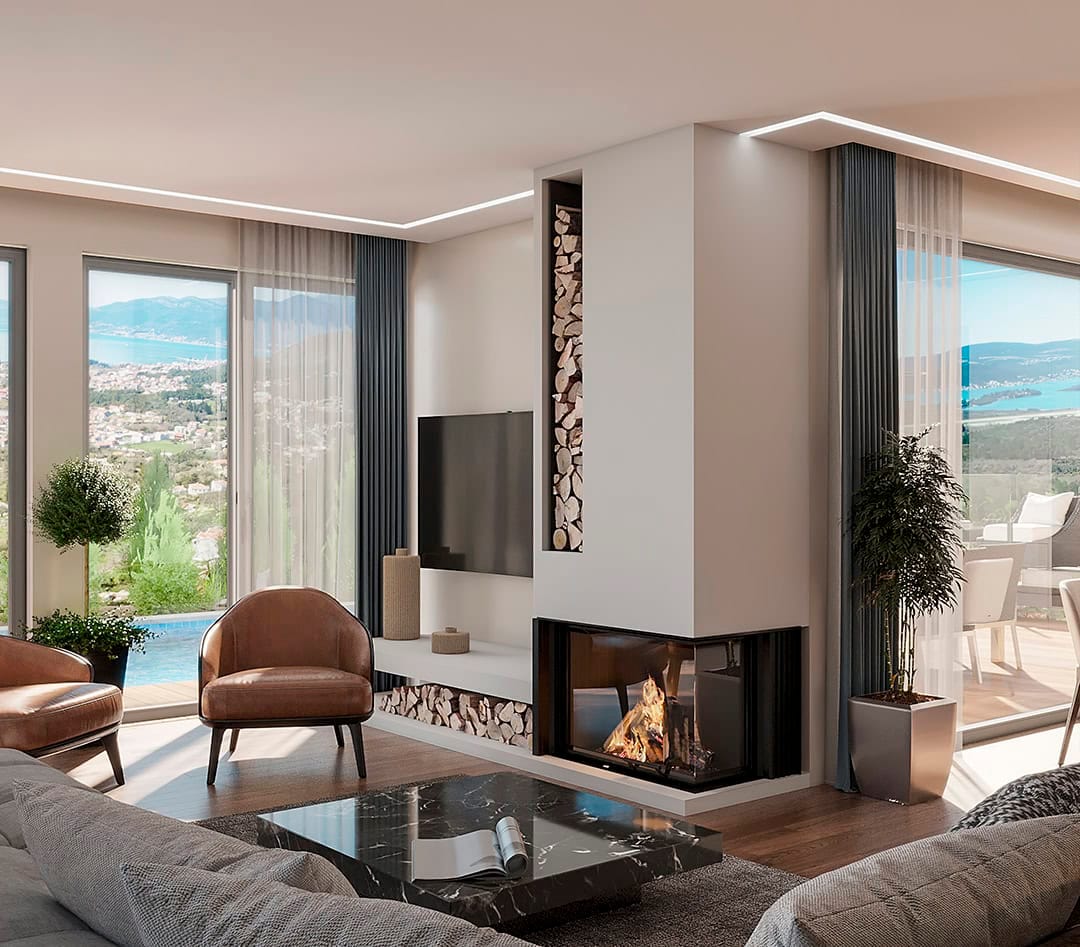 Современная гостиная с камином и панорамным видом на море в жилом комплексе Кавач, Черногория.