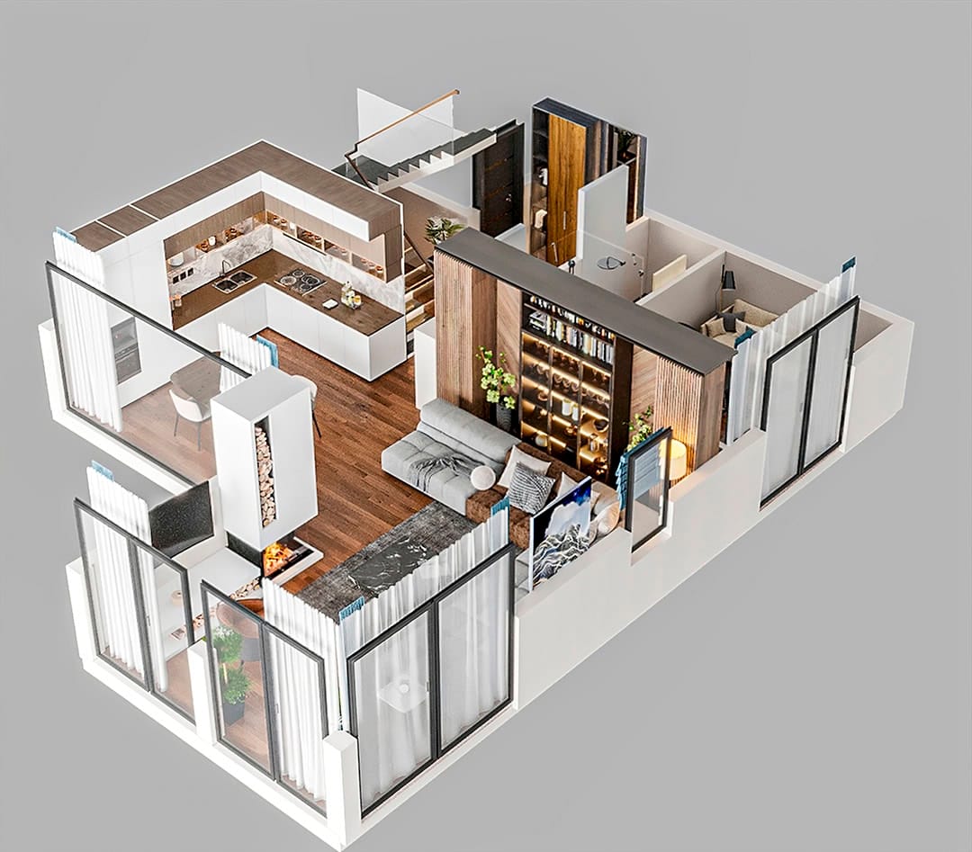 3D-планировка современной квартиры в ЖК Кавач, Черногория: гостиная с камином, кухней и панорамными окнами.