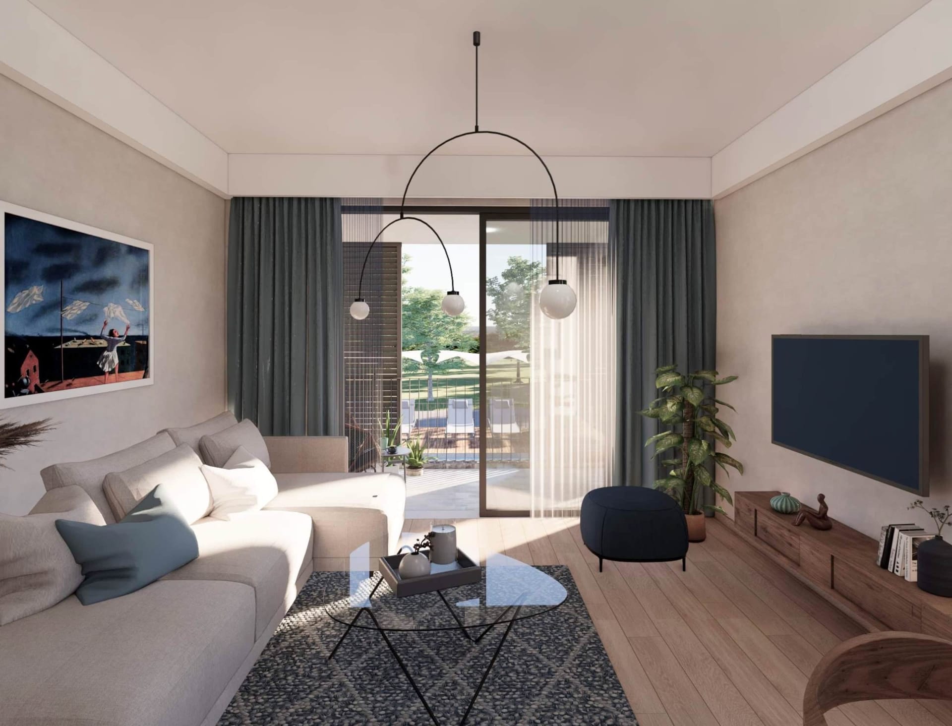 Nowoczesny salon w mieszkaniu w Tivacie, Czarnogóra: jasna sofa, designerski żyrandol i wyjście na taras z ogrodem.