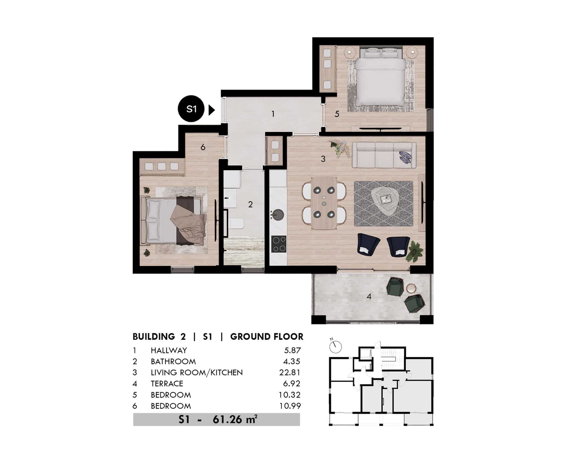 Układ mieszkania 61 m² z dwiema sypialniami i tarasem w kompleksie mieszkaniowym w mieście Tivat, Czarnogóra.