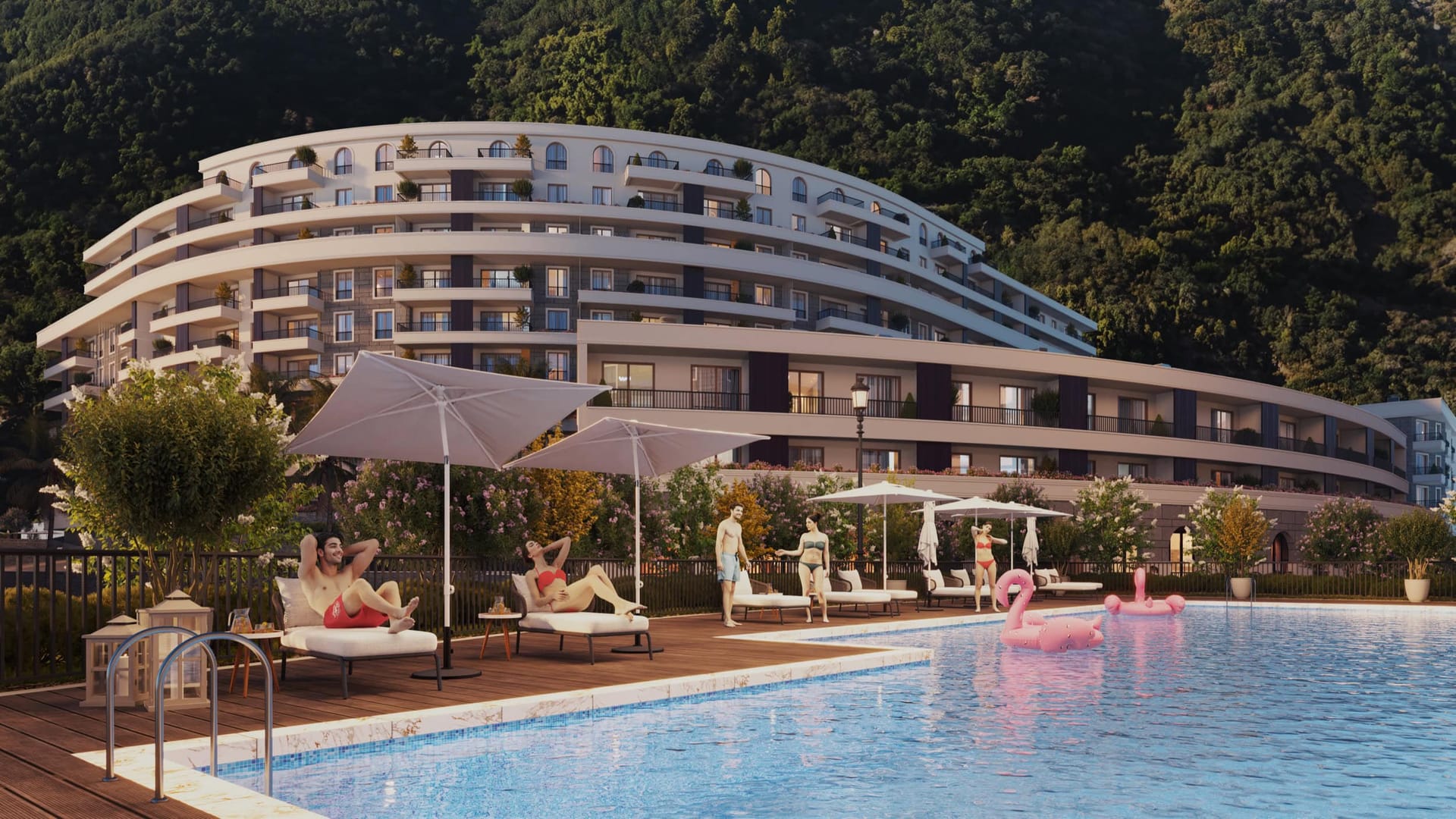 Stambeni kompleks u Bečićima, Crna Gora: moderan hotel sa otvorenim bazenom, ležaljkama i pogledom na planine.
