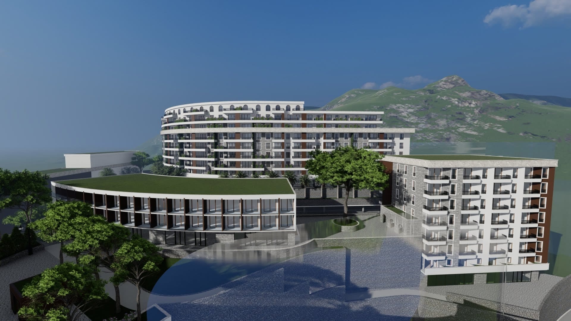 3D vizualizacija savremenog stambenog kompleksa u Bečićima, Crna Gora: višespratne zgrade sa terasama i pogledom na planine.