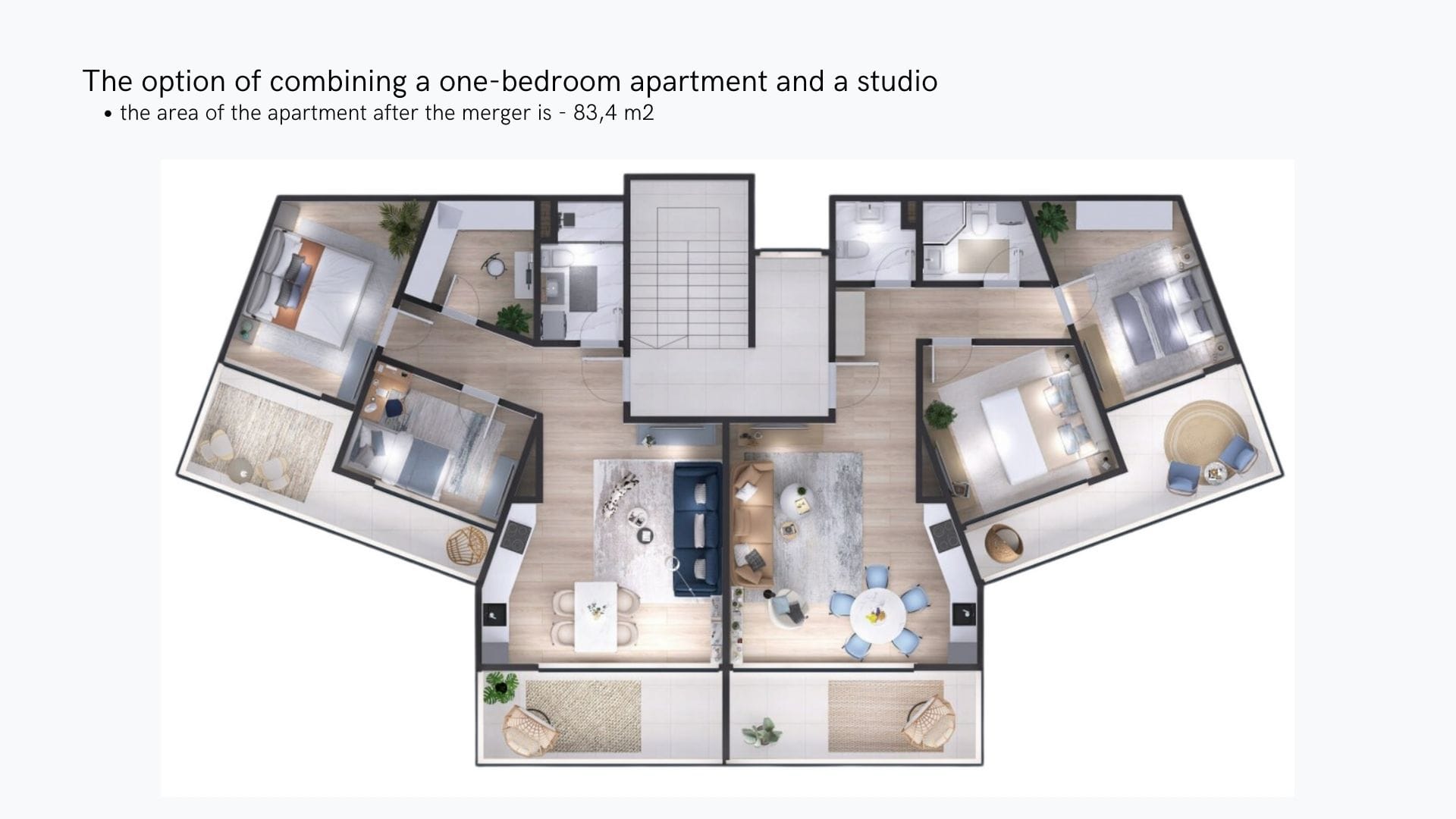 Plan de l’appartement combiné de 83,4 m² dans un complexe résidentiel à Tivat, Monténégro : deux chambres, un salon et des terrasses.