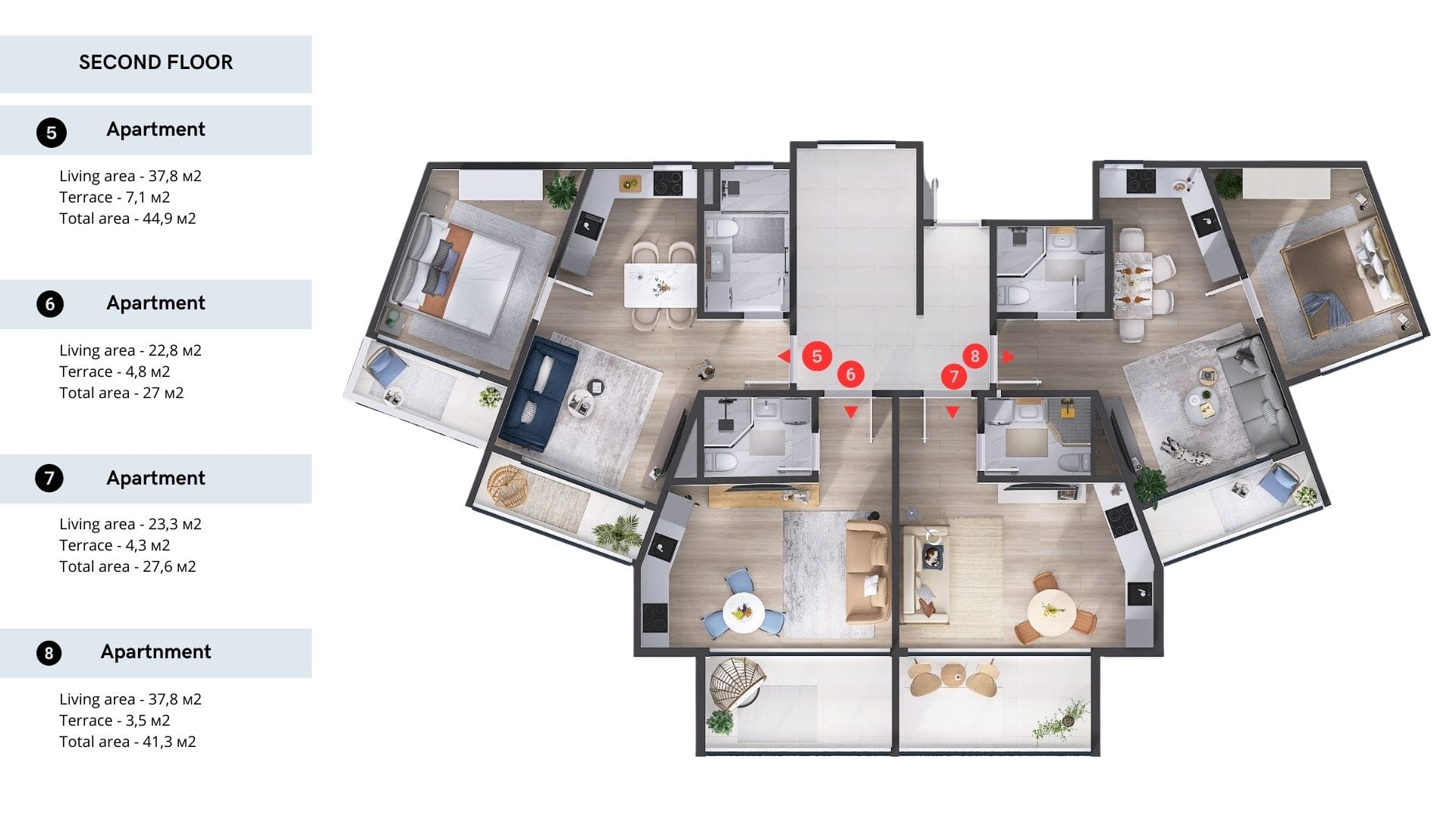 Plan du deuxième étage d’un complexe résidentiel à Tivat, Monténégro : 4 appartements avec terrasses, mobilier et finitions complètes.