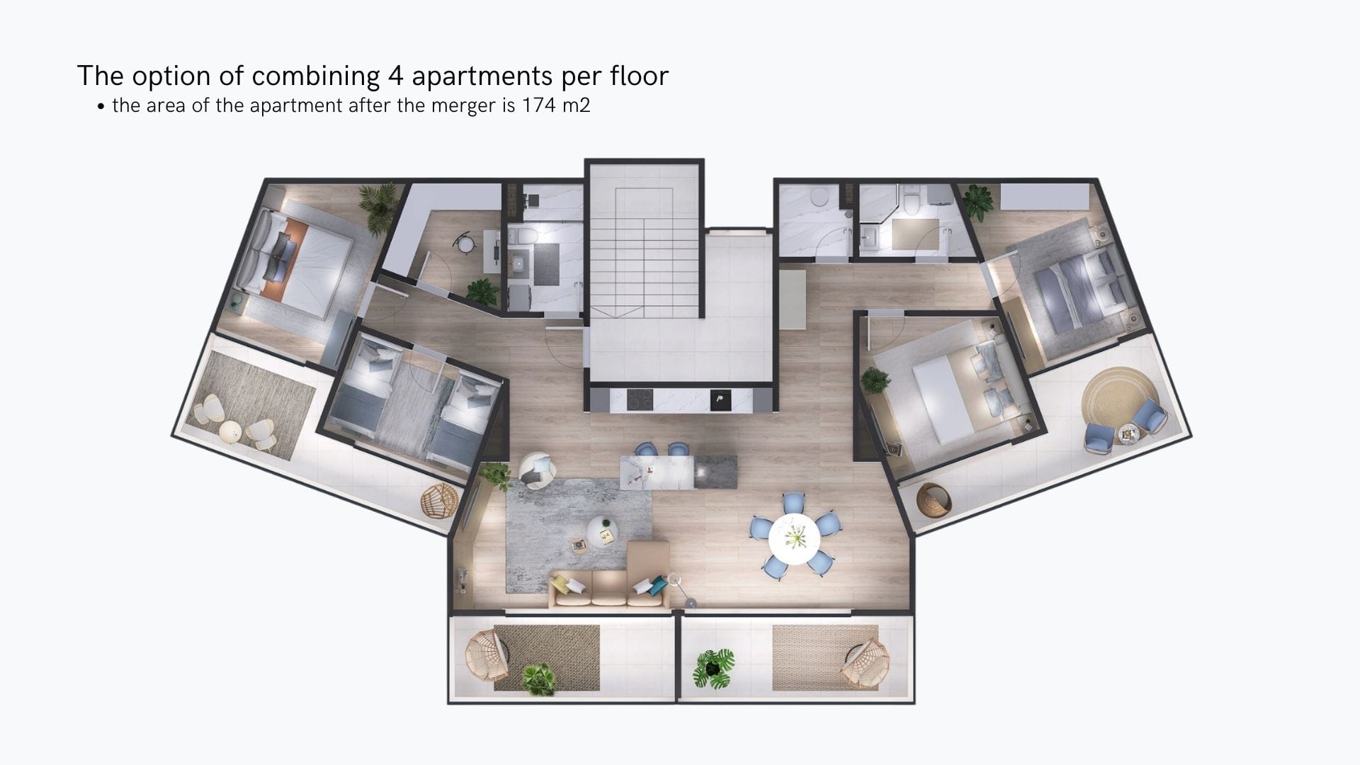 Plan d’aménagement de l’union de 4 appartements d’une superficie de 174 m² dans un complexe résidentiel à Tivat, Monténégro : vue de dessus avec mobilier.