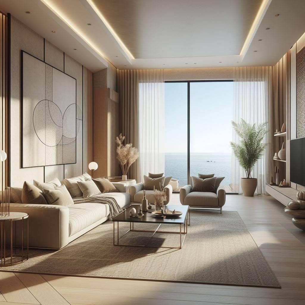 Salon moderne avec vue panoramique sur la mer dans un complexe résidentiel haut de gamme à Tivat, Monténégro, avec mobilier design.