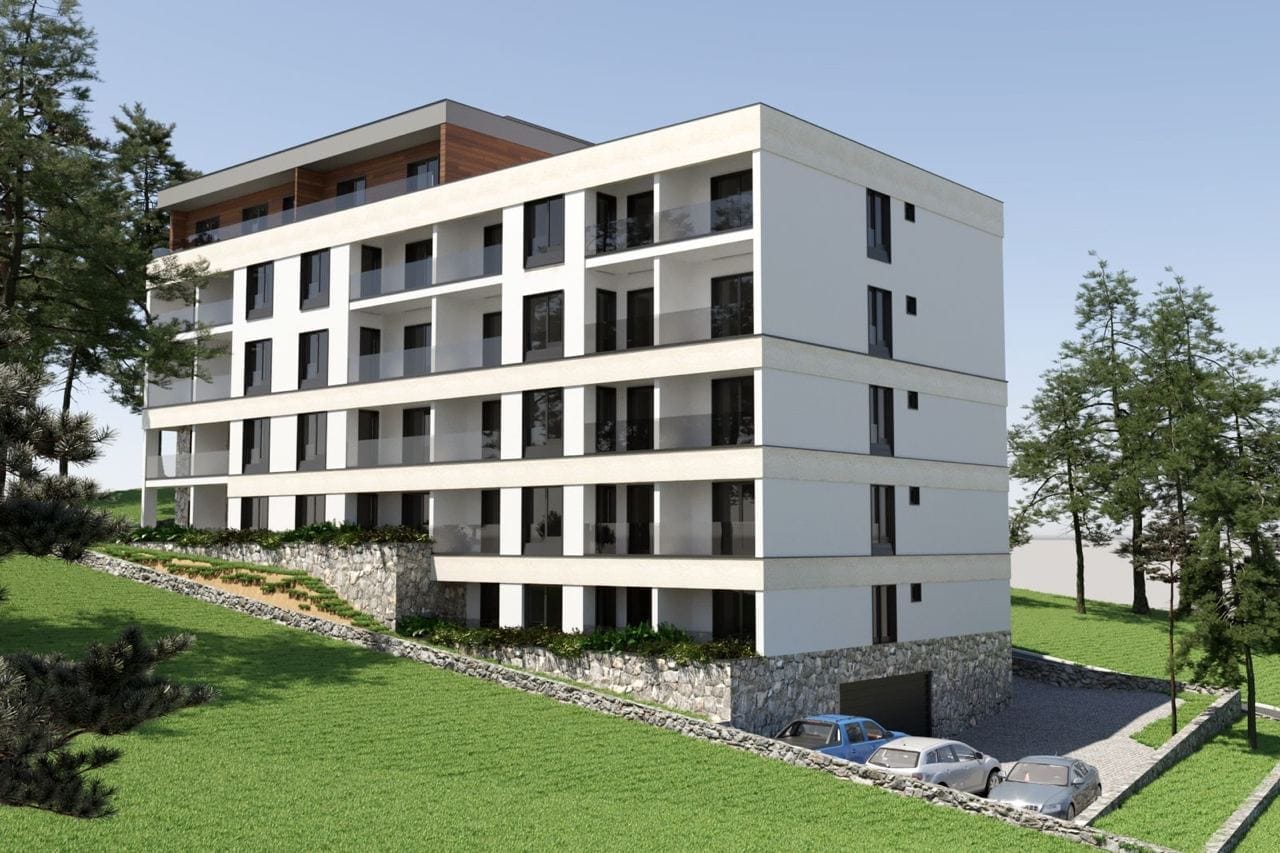 Savremeni stambeni kompleks u Bečićima, Crna Gora: projekat zgrade sa panoramskim balkonima i parkingom na zelenoj parceli.