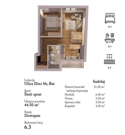 Raspored stana od 44,5 m² u gradu Baru, Crna Gora: spavaća soba, dnevna soba sa kuhinjom, kupatilo i terasa na 6. spratu.