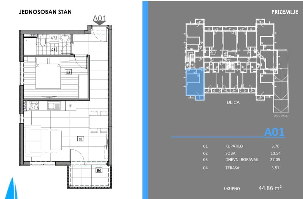 Plan jednosobnog stana od 45 m² na prvom spratu u Kotoru, Crna Gora: spavaća soba, dnevni boravak i terasa.
