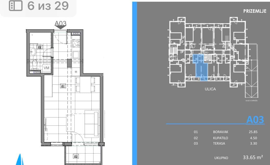 Plan stana 33,65 m² u Kotoru, Crna Gora: šema studija sa dnevnim boravkom, kupatilom i terasom na prvom spratu.