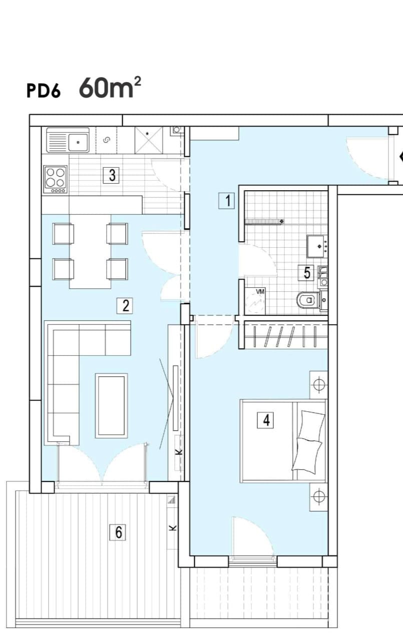 Raspored stana od 60 m2 u Dobroti, Crna Gora: kuhinja sa dnevnim boravkom, spavaća soba, kupatilo i terasa na šemi objekta br. 2145.