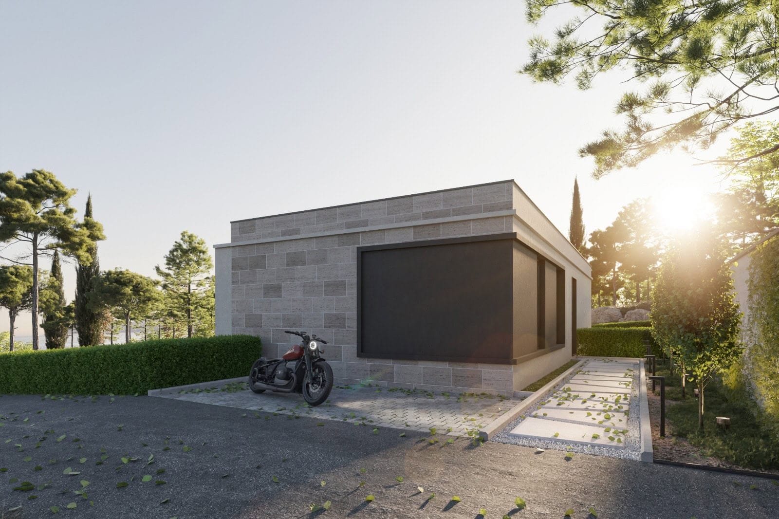 Moderne Villa in Krimovica, Montenegro: Steinfassade, Parkplatz mit Motorrad und gestaltete Außenanlage.
