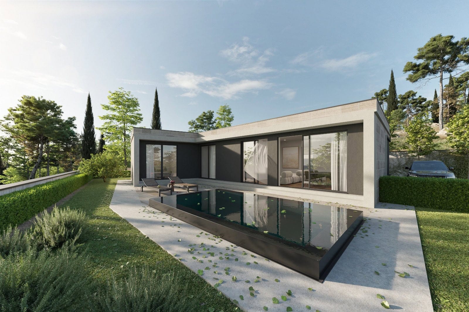 Moderne Villa mit Pool und Terrasse in Krimovica, Montenegro: Panoramafenster, Landschaftsgestaltung und Blick auf den Garten.