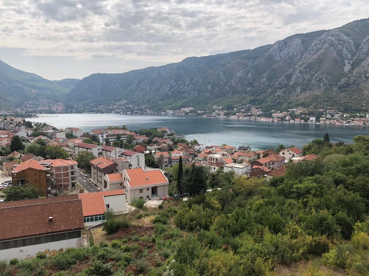 Panoramski pogled na Kotorski zaliv i grad Dobrota u Crnoj Gori sa terase stambenog kompleksa među planinama i zelenilom.