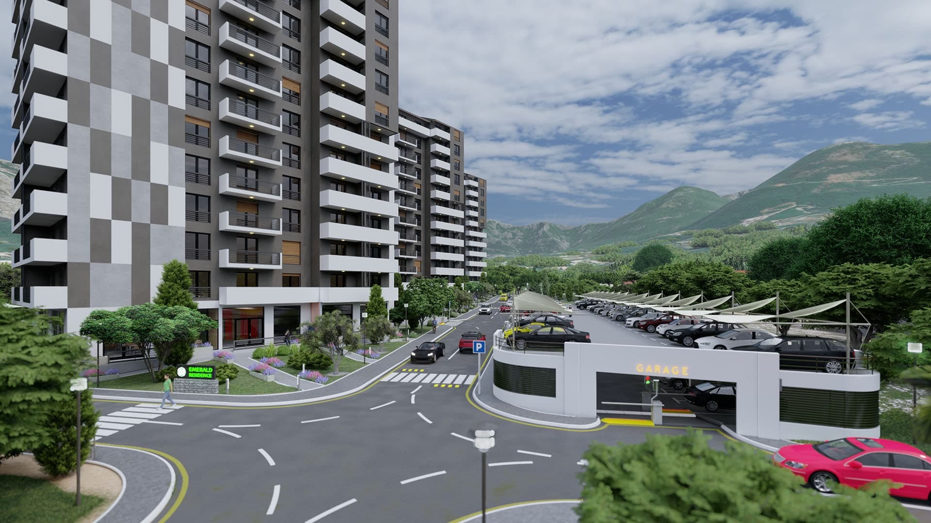 Savremeni stambeni kompleks Emerald Residence sa parkingom i pogledom na planine u gradu Baru, Crna Gora.