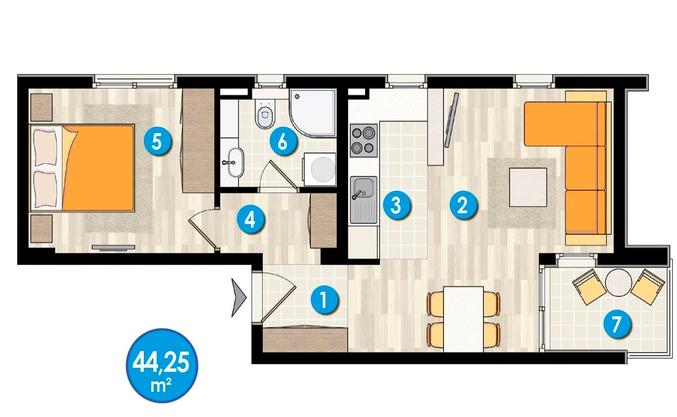 Raspored stana od 44,25 m² u kompleksu Budva, Crna Gora: spavaća soba, kuhinja sa dnevnim boravkom, kupatilo i balkon sa nameštajem.