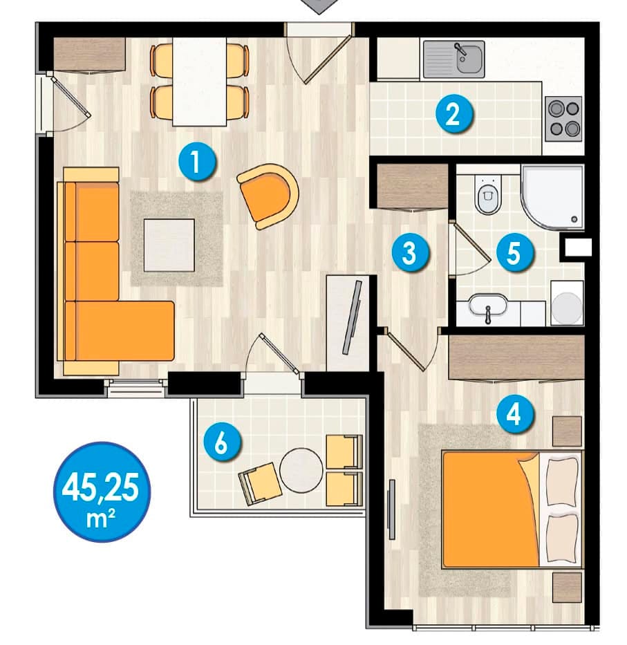 Raspored stana od 45,25 m² u Budvi, Crna Gora: dnevna soba, spavaća soba, kuhinja, kupatilo i terasa sa nameštajem.