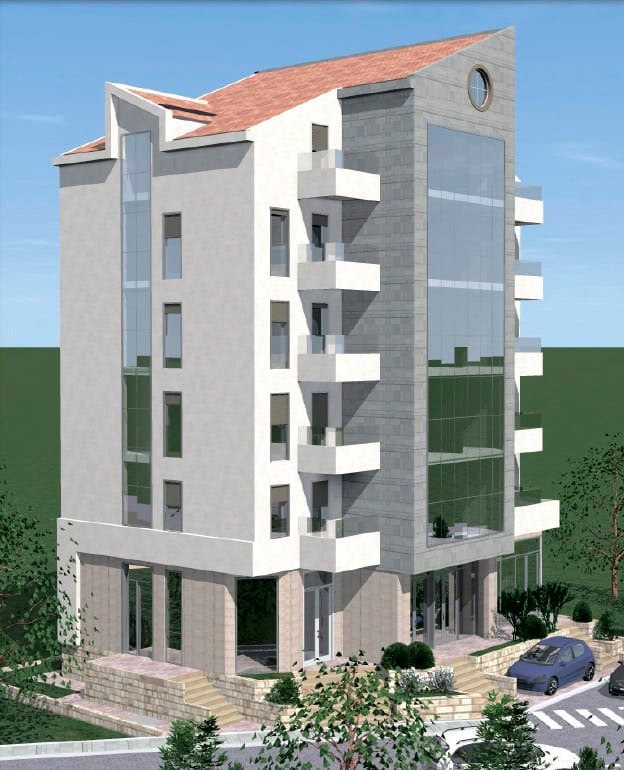 Savremeni stambeni kompleks sa panoramskim zastakljenjem i balkonima u gradu Budvi, Crna Gora. Pogled na fasadu zgrade.