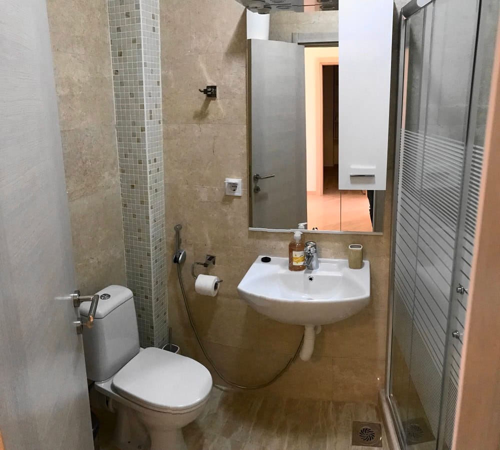 Badezimmer in der Wohnung, Dobri Vody, Montenegro: Duschkabine, weiße Sanitärkeramik und beige Fliesen mit Mosaik.