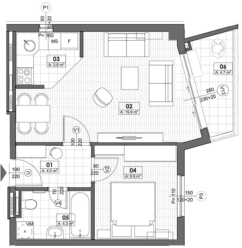 Raspored stana u Tivtu, Crna Gora: dnevna soba sa kuhinjom, spavaća soba, kupatilo i balkon površine 4,7 m2.