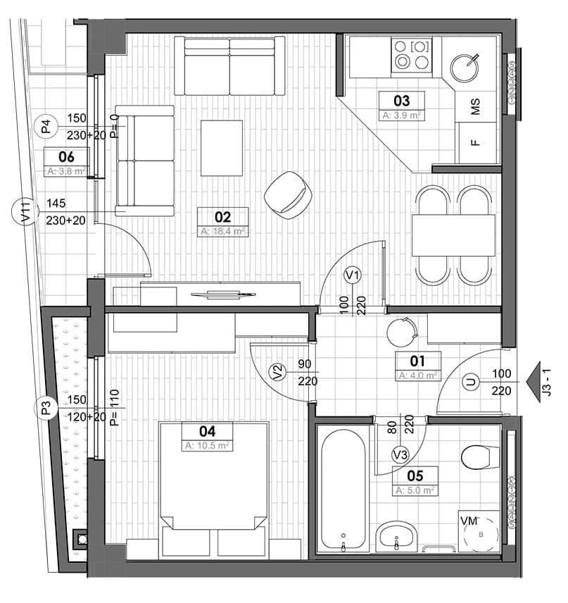 Raspored stana u Tivtu, Crna Gora: dnevna soba sa kuhinjom, spavaća soba, kupatilo i terasa, ukupna površina 42 m².