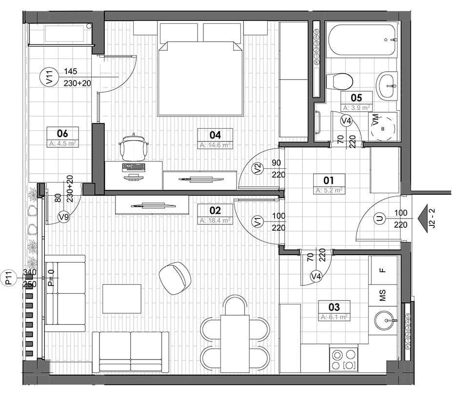 Raspored stana u Tivtu, Crna Gora: dnevna soba, spavaća soba, kuhinja, kupatilo i terasa, ukupne površine 46 m².