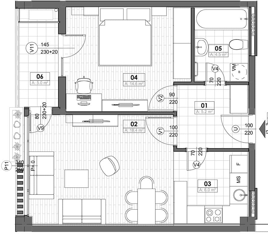 Raspored stana u Tivtu, Crna Gora: dnevna soba sa kuhinjom, spavaća soba, kupatilo i terasa, ukupne površine 52 m².
