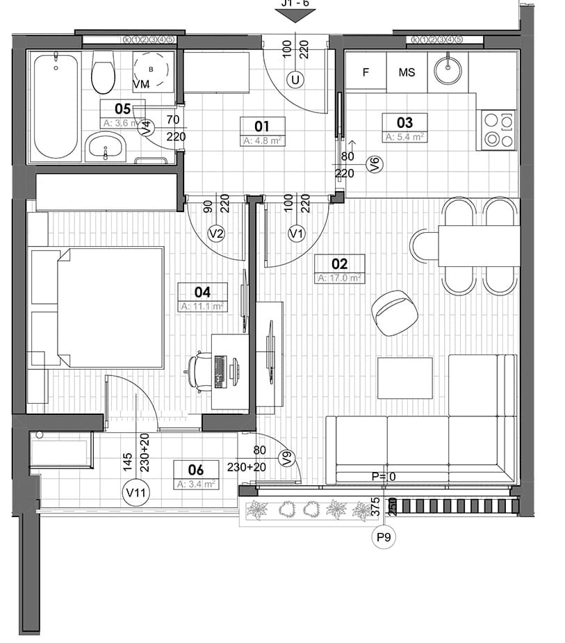Raspored stana u Tivtu, Crna Gora: kuhinja sa dnevnim boravkom, spavaća soba, kupatilo i terasa, ukupne površine 45 m².