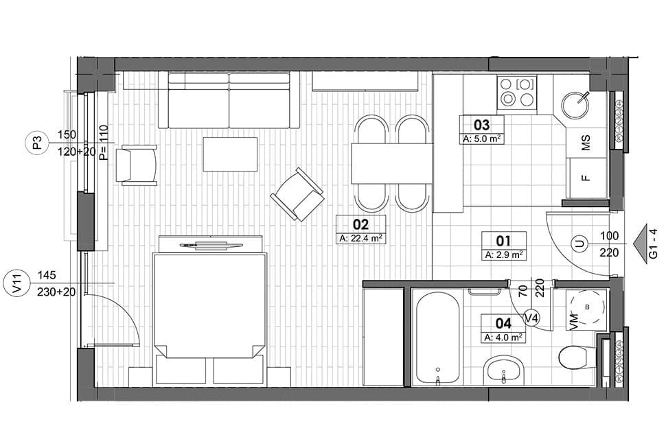 Raspored stana u Tivtu, Crna Gora: dnevna soba sa kuhinjom, spavaćom zonom i kupatilom, površine 34 m².