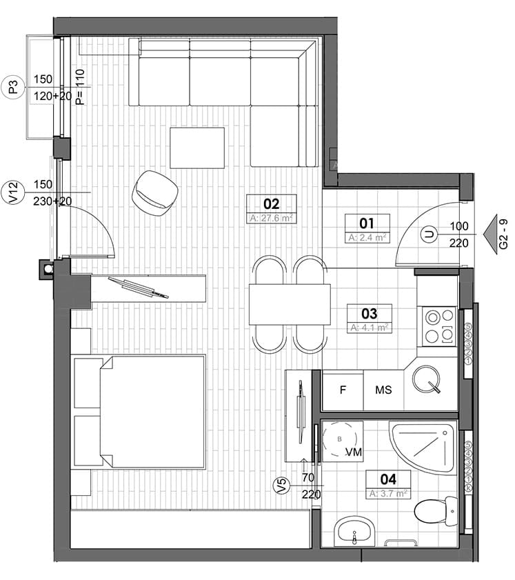 Raspored stana u Tivtu, Crna Gora: dnevna soba sa kuhinjom, spavaća soba, kupatilo i balkon, ukupna površina 38 m².