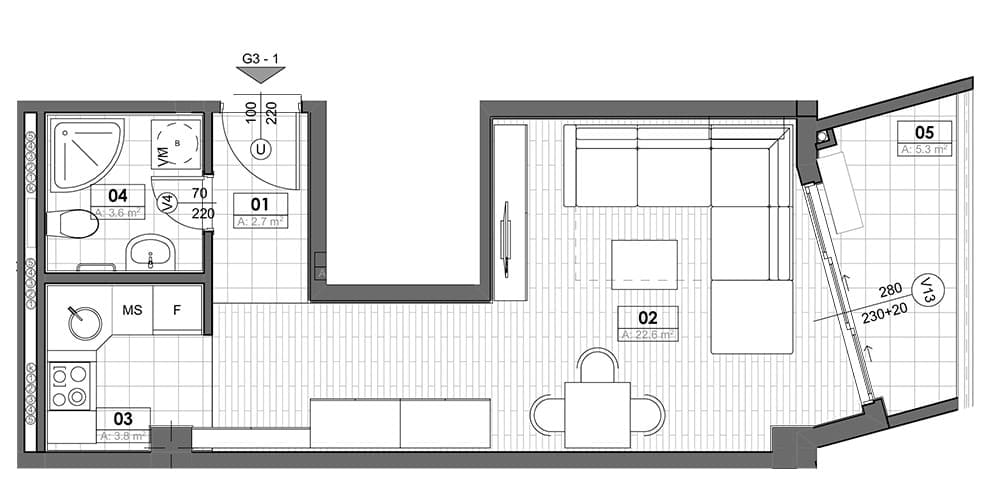 Raspored stana u Tivtu, Crna Gora: kuhinja, dnevna soba, kupatilo i terasa površine 5,3 m² na crtežu objekta.