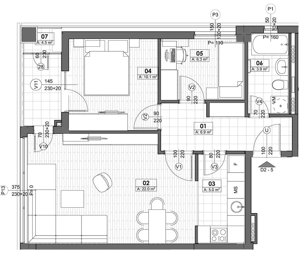 Raspored stana u Tivtu, Crna Gora: dnevna soba sa kuhinjom, dve spavaće sobe, kupatilo i balkon, 52 m².