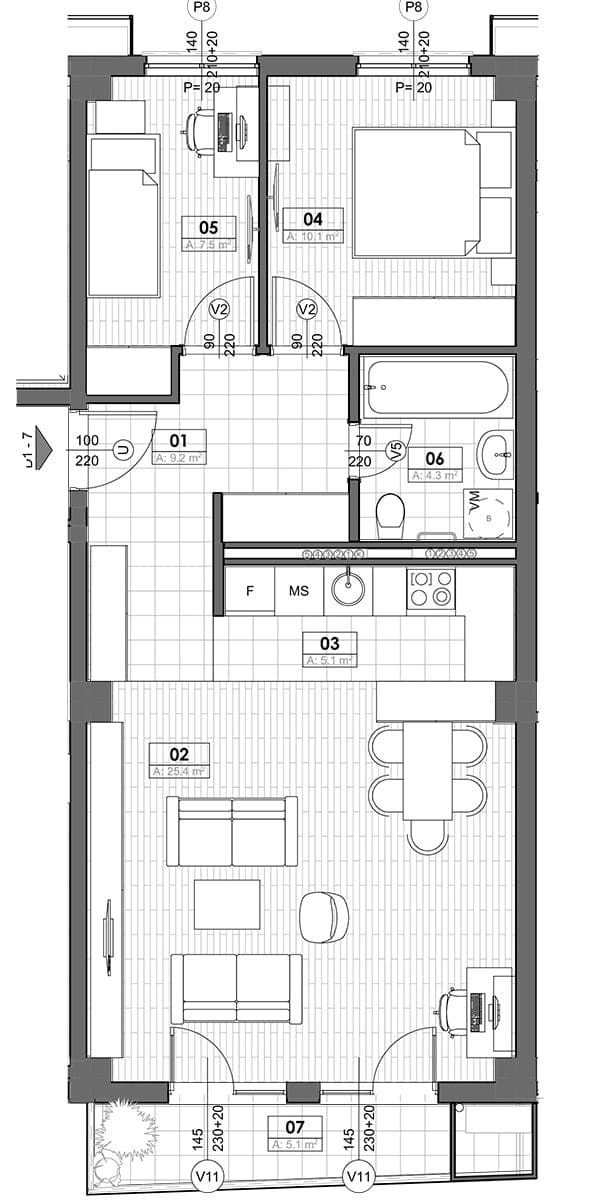 Raspored stana u Tivtu, Crna Gora: dve spavaće sobe, dnevna soba sa kuhinjom, kupatilo i terasa, 66 m².