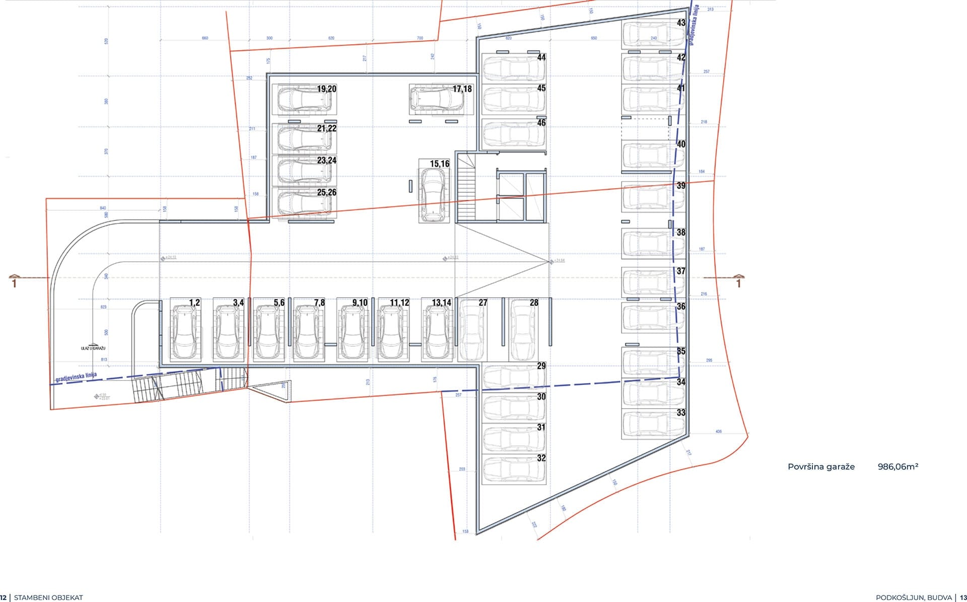 Plan podzemnog parkinga stambenog kompleksa u Budvi, Crna Gora: raspored 46 parking mesta površine 986 m2