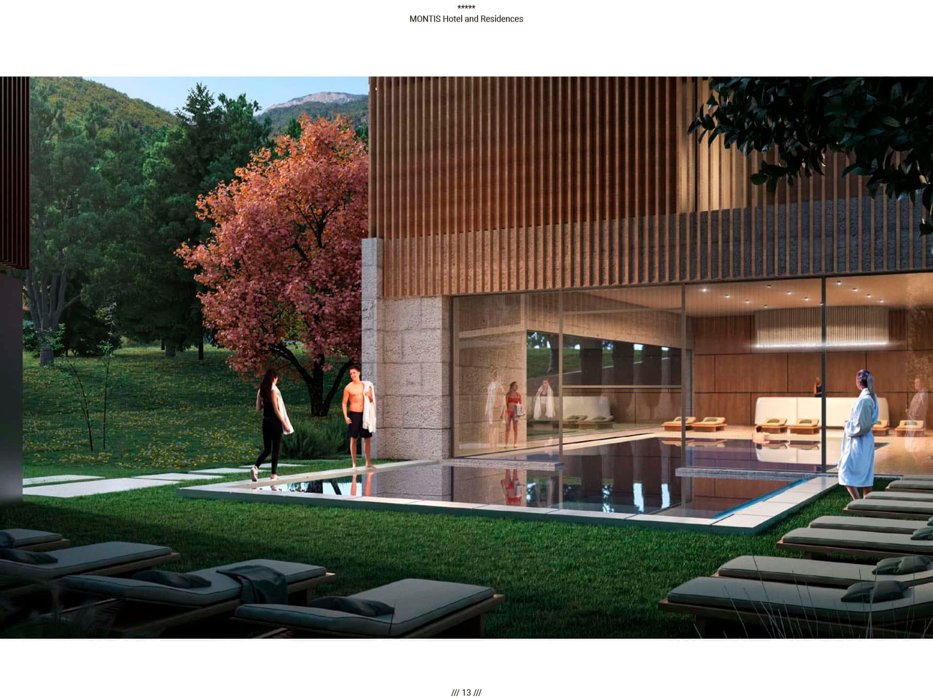 Открытый бассейн и спа-зона в отеле Montis Hotel and Residences, Колашин, Черногория с видом на горный ландшафт.