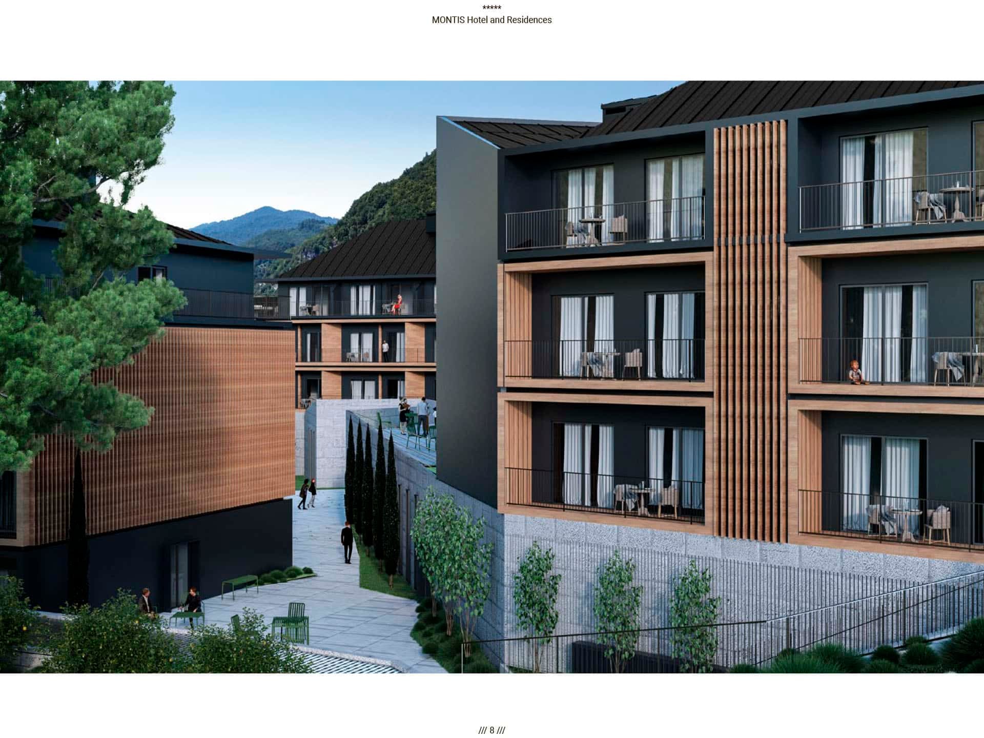Современный отель Montis Hotel and Residences в Колашине, Черногория: вид на фасады с балконами и горный пейзаж.