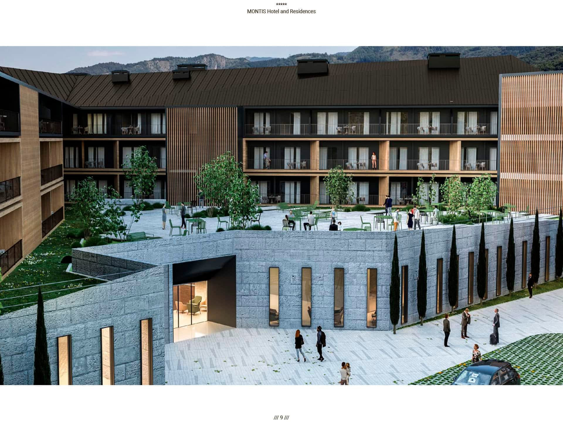 Современный отель Montis Hotel and Residences в Колашине, Черногория: вид на фасад, террасу и благоустроенную территорию.