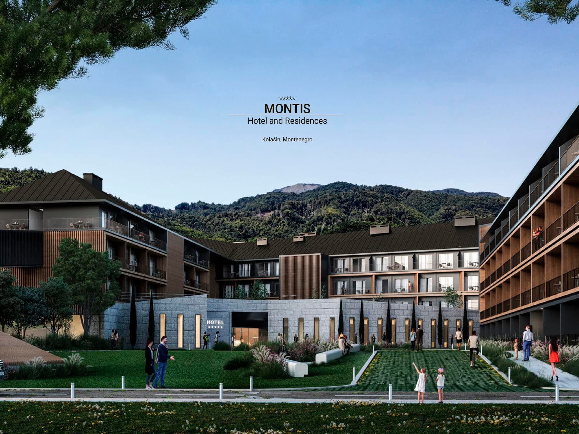 Вид на современный отель Montis Hotel and Residences в Колашине, Черногория, с благоустроенной территорией и горами.