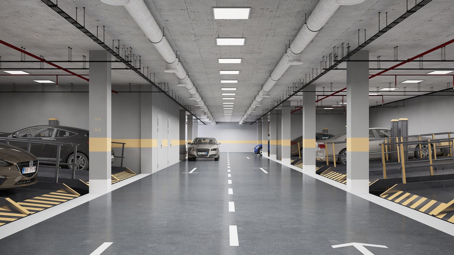 Moderan podzemni parking sa dvospratnim sistemima za odlaganje automobila u stambenom kompleksu, grad Bar, Crna Gora.