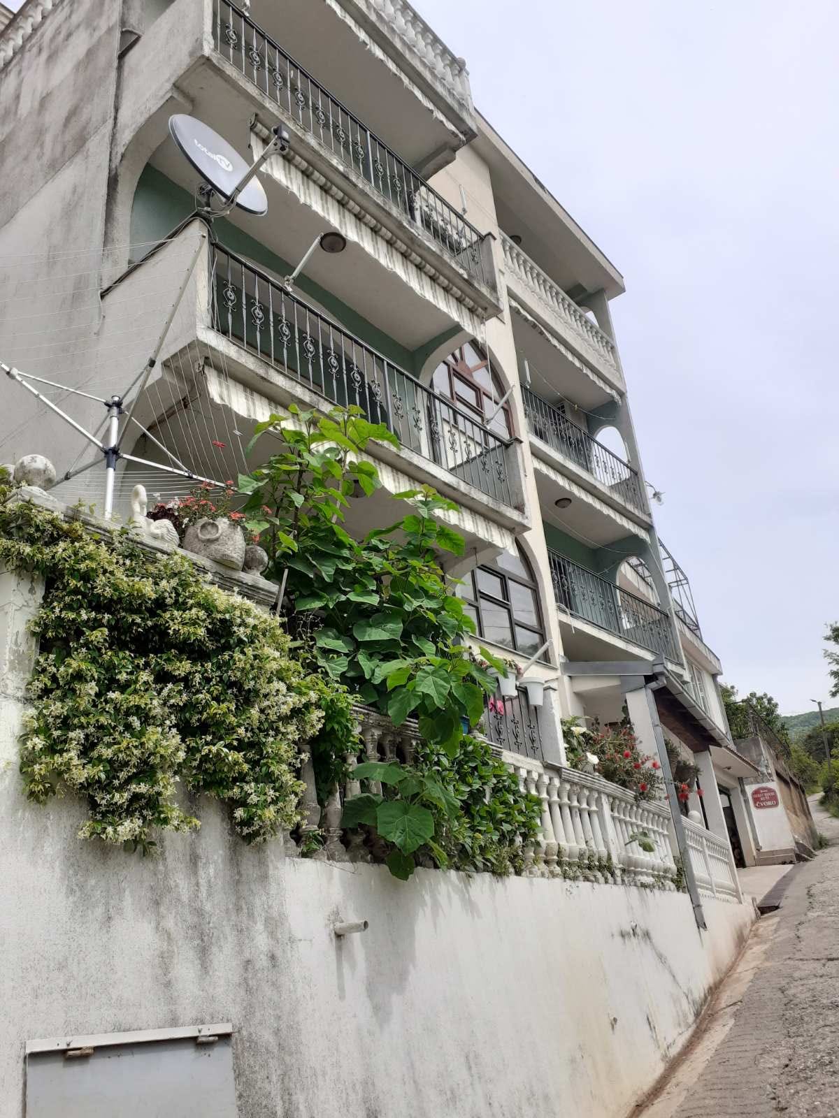 Façade d’un mini-hôtel à Zelenika, Herceg Novi, Monténégro : bâtiment à plusieurs étages avec balcons et jardin fleuri à l’entrée.