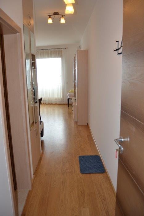 Svetao hodnik i dnevna soba u stanu u Bečićima, Crna Gora: parket, ugradni ormar i izlaz na balkon.