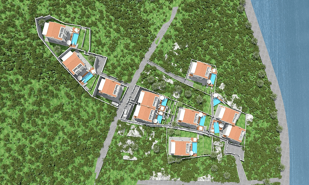 Plan zagospodarowania kompleksu willi z basenami w Herceg Novi, Czarnogóra: widok z góry na luksusową nieruchomość nad morzem.