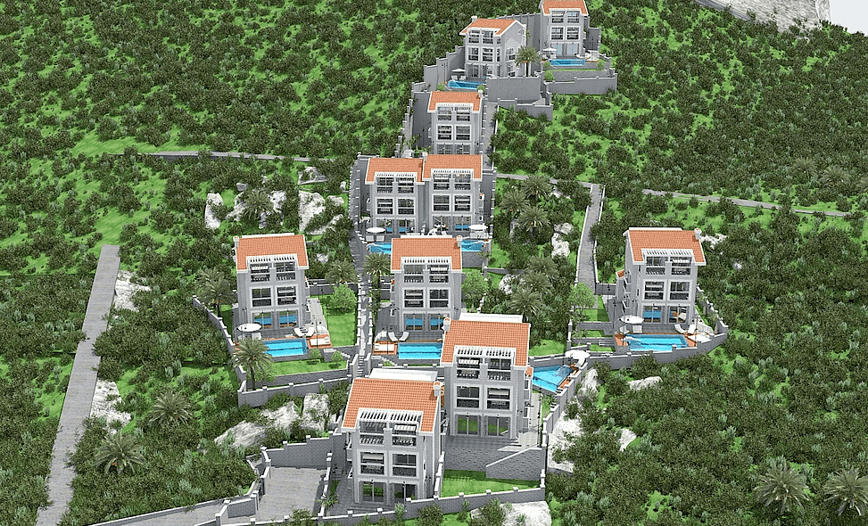 Kompleks nowoczesnych willi z basenami na zboczu góry w Herceg Novi, Czarnogóra: widok z góry na projekt architektoniczny.