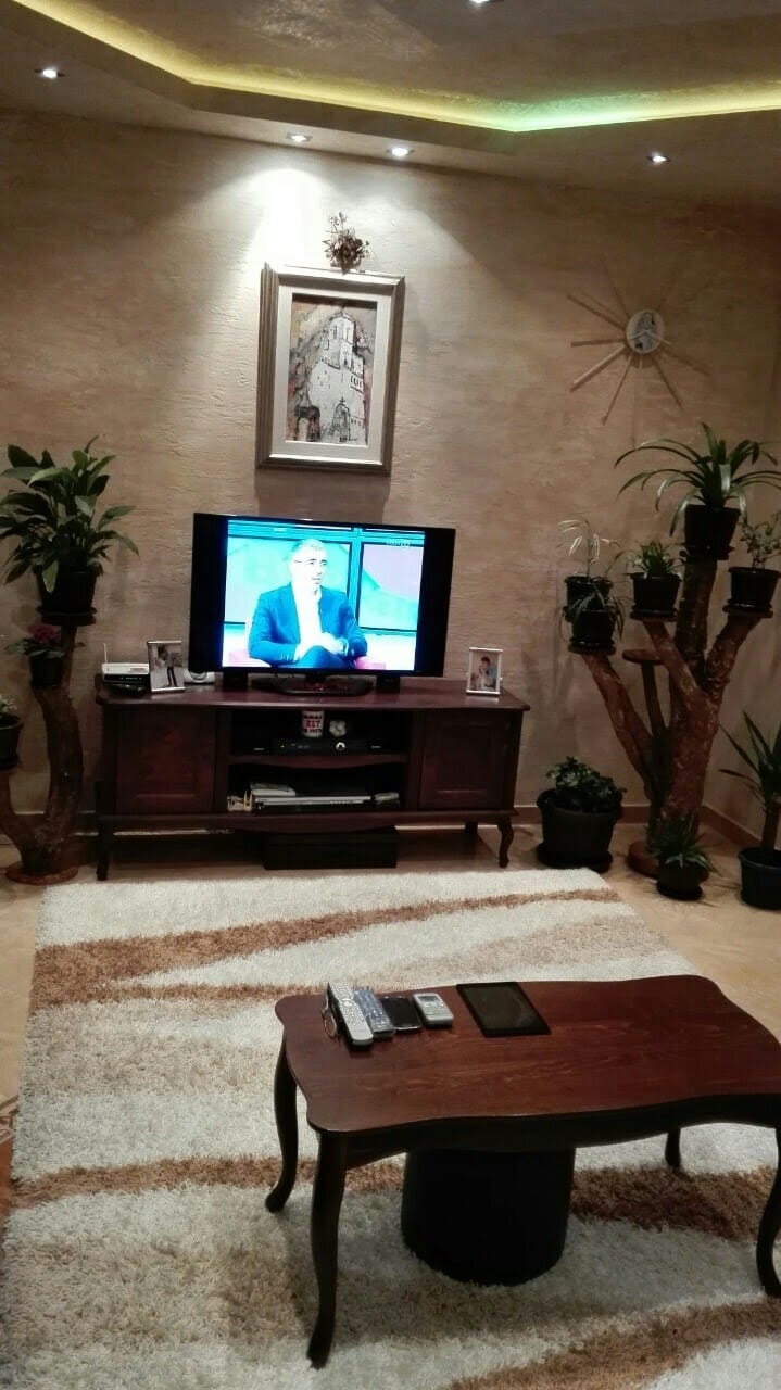 Ugodan dnevni boravak sa drvenim nameštajem i sobnim biljkama u stanu u Kotoru, Crna Gora.
