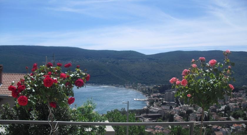 Karadağ, Herceg Novi’deki evin balkonundan manzara: körfezin panoraması, dağlar ve ön planda açan güller.